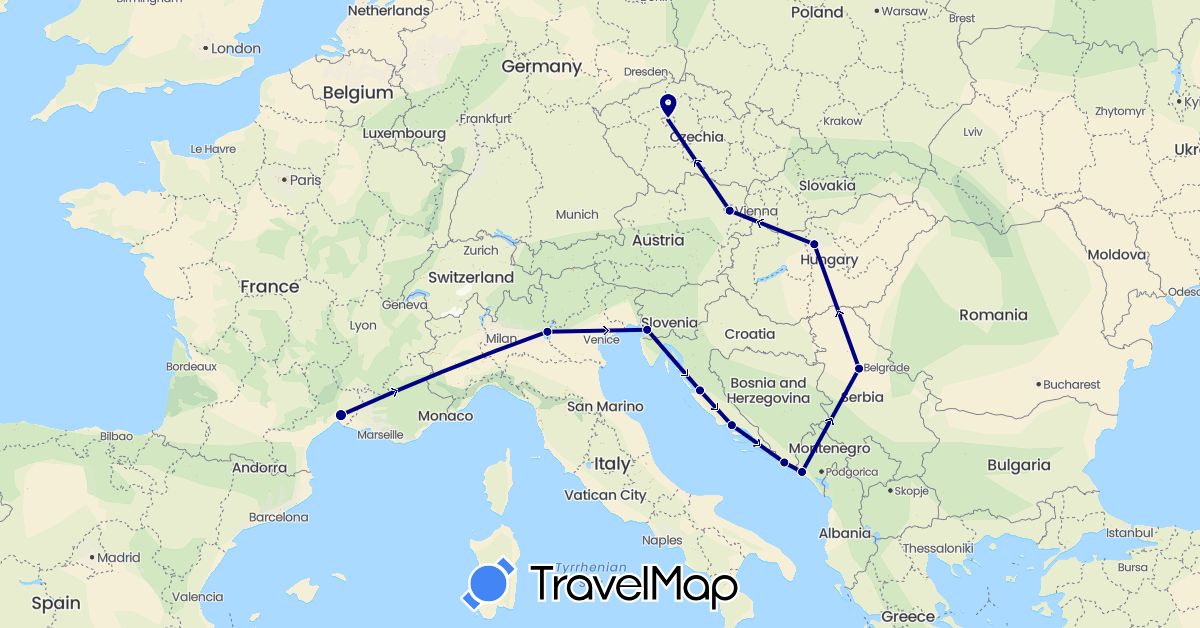 TravelMap itinerary: driving in Austria, Czech Republic, France, Croatia, Hungary, Italy, Serbia (Europe)